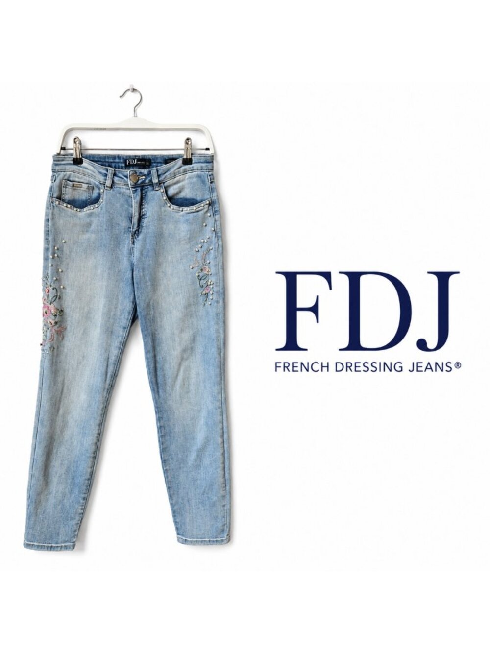 FDJ French Dressing Olivia Embroidered Pearl Accent Slim Jeans Size 6